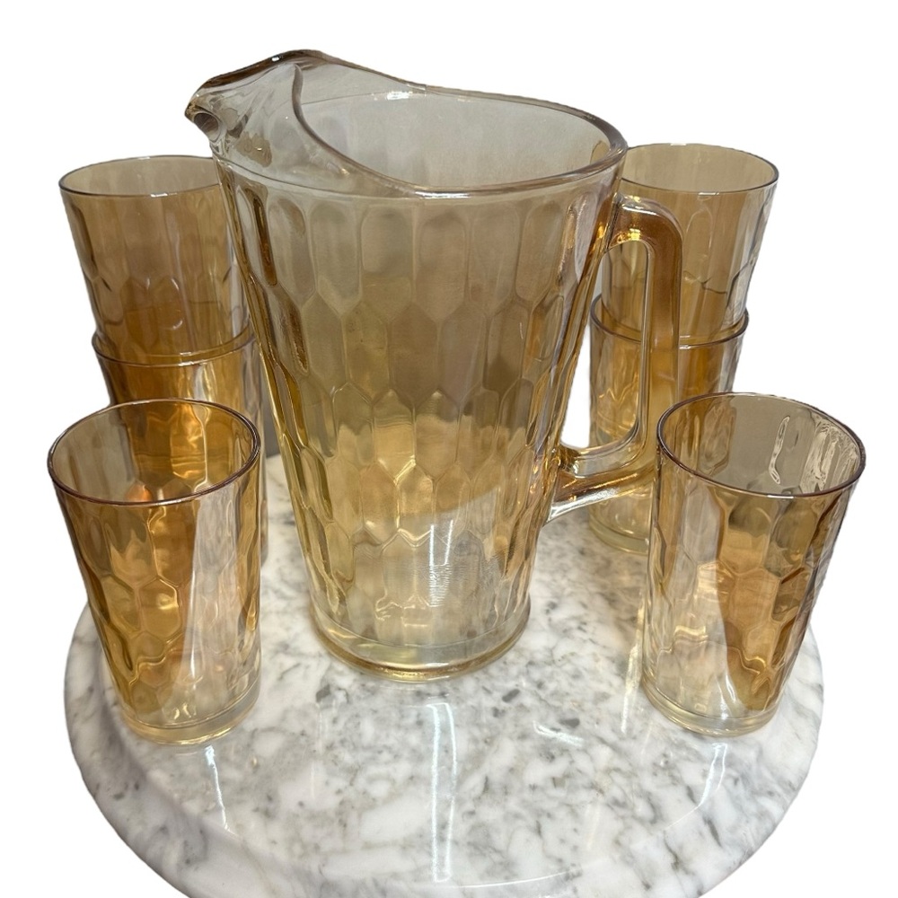 Vintage Jeanette Marigold Carnival Glass Hex Optic Pitcher and Tumblers